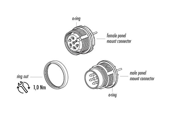 Component part drawing M16 Male panel mount connector, Contacts: 12 (12-a), shieldable, THT, IP67, UL 2238, M18x0,75, Rear mounting