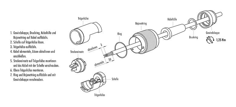 Montageanleitung Bajonett Kabelstecker, Polzahl: 7, 5,0-8,0 mm, schirmbar, löten, IP40