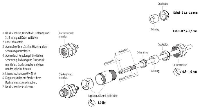 Montageanleitung M12 Kabelstecker, Polzahl: 5, 5,5-8,6 mm, schirmbar, schraubklemm, IP68/IP69K, UL 2238, Ecolab, Edelstahl, mit Schirmring