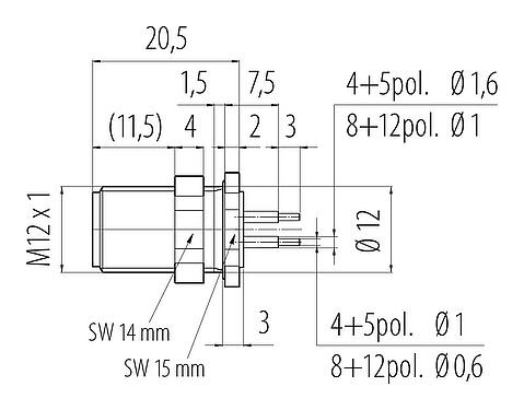 Dibujo a escala M12 Enchufe de brida, Número de contactos: 5, sin blindaje, THT, IP68, UL 2238, M12x1,0, Montaje en pared