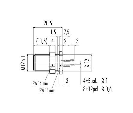 Scale drawing 86 1033 1100 00005 - M12 Male panel mount connector, Contacts: 5, unshielded, THT, IP68, UL, M12x1.0, front fastened