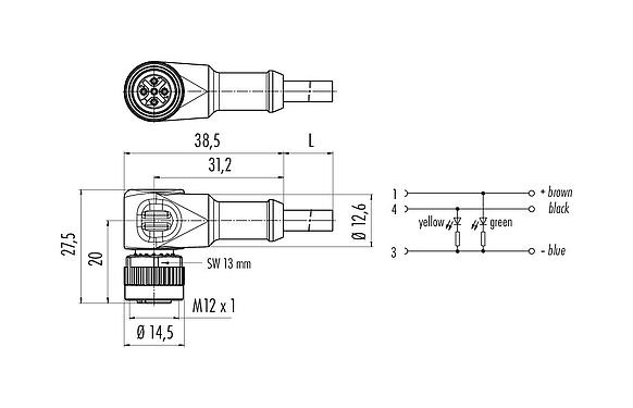 Scale drawing 77 3634 0000 20003-0500 - M12 Female angled connector, Contacts: 3, unshielded, moulded on the cable, IP69K, UL, PVC, grey, 3 x 0.34 mm², with LED PNP, 5 m