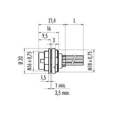 Dibujo a escala M16 Enchufe de brida, Número de contactos: 8 (08-a), sin blindaje, hilos, IP68, UL 2238, Cumple con AISG, M18x0,75, Montaje frontal