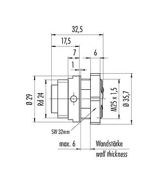 Dibujo a escala RD24 Enchufe de brida, Número de contactos: 3+PE, sin blindaje, tornillo extraíble, IP67, UL, ESTI+, VDE, Montaje frontal
