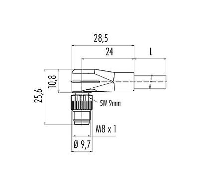 Scale drawing M8 Male angled connector, Contacts: 12, unshielded, moulded on the cable, IP67/IP69K, UL 2238, PUR, black, 12 x AWG 28, 5 m