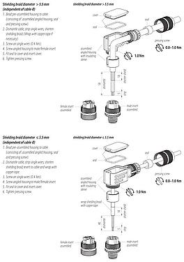 Instrucción de montaje M12 Conector hembra en ángulo, Número de contactos: 4, 5,0-8,0 mm, blindable, tornillo extraíble, IP67, UL 2238, Pluma de iris