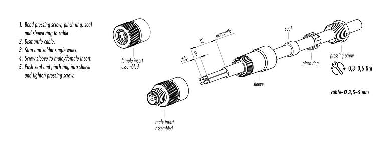Instrução de montagem M8 Plugue de cabo, Contatos: 4, 3,5-5,0 mm, desprotegido, solda, IP67, UL 2238