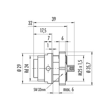 Dibujo a escala RD24 Enchufe de brida, Número de contactos: 6+PE, sin blindaje, tornillo extraíble, IP67, UL, ESTI+, VDE, Montaje frontal