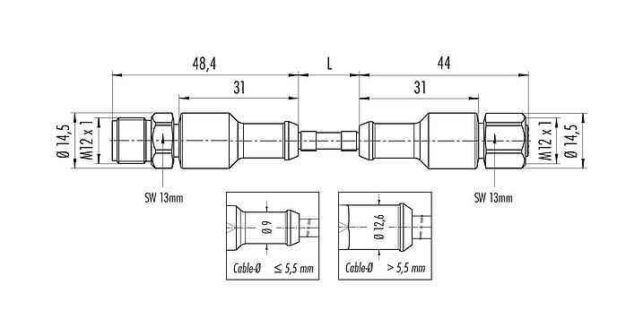 Scale drawing 77 3730 3729 40405-0500 - M12/M12 Connecting cable male cable connector - female cable connector, Contacts: 5, unshielded, moulded on the cable, IP69K, Ecolab, FDA compliant, Special TPE, grey, 5 x 0.34 mm², Food & Beverage, stainless steel, 5 m