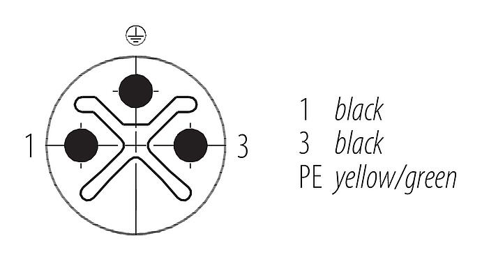 Disposition des contacts (Côté plug-in) M12 Câble de raccordement connecteur mâle - connecteur femelle, Contacts: 2+PE, non blindé, surmoulé sur le câble, IP68, UL 2238, PUR, noir, 3 x 1,50 mm², 2 m