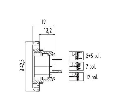 Maßzeichnung M25 Flanschdose, Polzahl: 5, schirmbar, löten, IP40, Frontmontage