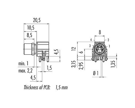 Scale drawing M8 Female angled panel mount connector, Contacts: 4, unshielded, THR, IP67, UL 2238