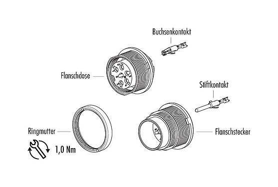 Einzelteildarstellung M16 Flanschdose, Polzahl: 6 (06-a), ungeschirmt, crimpen (Crimpkontakte müssen separat bestellt werden), IP40, M18x0,75, Rückwandmontage