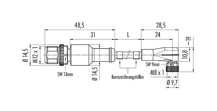 Maßzeichnung M12/M8 Kabelstecker - Winkeldose, Polzahl: 4, ungeschirmt, am Kabel angespritzt, IP67/IP69K, UL 2238, PUR, schwarz, 4 x 0,34 mm², 1 m