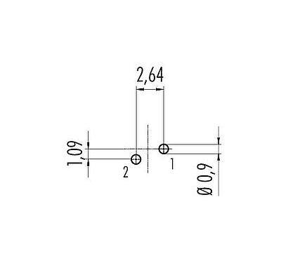 Leiterplattenlayout 09 0403 90 02 - M9 Flanschstecker, Polzahl: 2, ungeschirmt, THT, IP67, von vorne verschraubbar