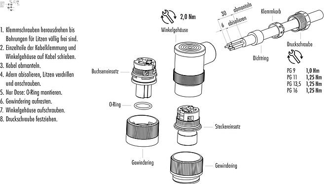 Montageanleitung RD24 Winkeldose, Polzahl: 6+PE, 8,0-10,0 mm, ungeschirmt, löten, IP67, UL, ESTI+, VDE, PG 11