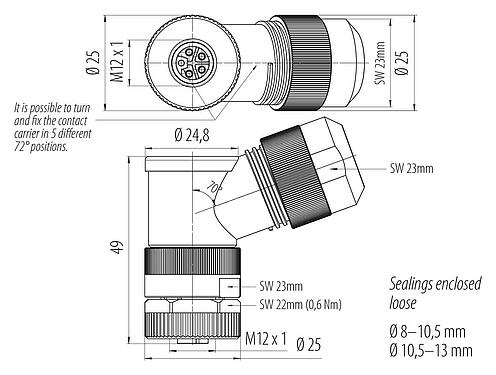 Dibujo a escala M12 Conector hembra en ángulo, Número de contactos: 4+FE, 8,0-13,0 mm, sin blindaje, tornillo extraíble, IP67, M12x1,0, para la fuente de alimentación (potencia), UL 2237 en preparación, con conexión de PE