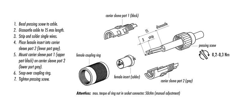조립 지침 99 0476 100 07 - M9 케이블 소켓, 콘택트 렌즈: 7, 3.0-4.0mm, 차폐되지 않음, 솔더, IP40