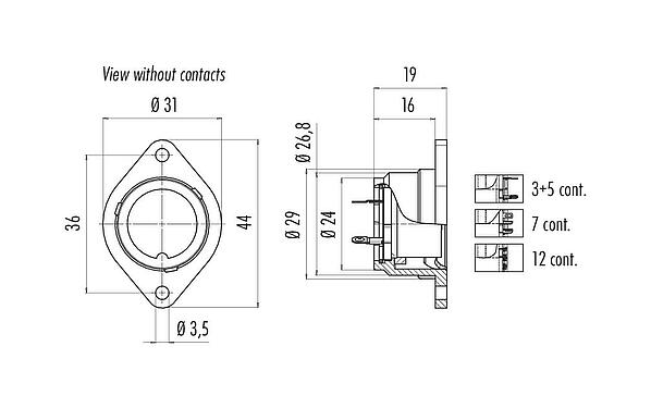 Výkres v měřítku Bajonet Přírubová zásuvka, : 5, nestíněný, pájka, IP40, Přední montáž