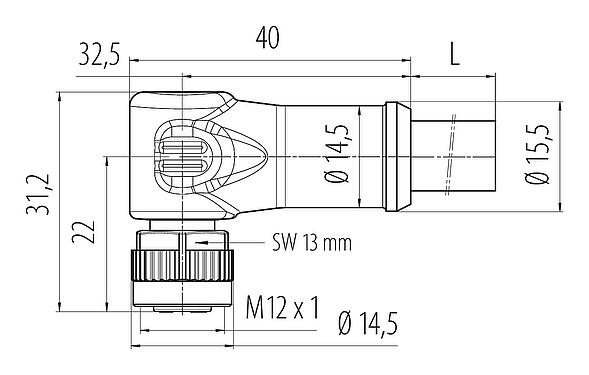 Dibujo a escala M12 Conector hembra en ángulo, Número de contactos: 4, sin blindaje, moldeado en el cable, IP68, UL, PUR, negro, 4 x 1,50 mm², 5 m