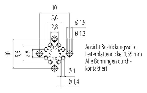 Leiterplattenlayout M12 Flanschdose, Polzahl: 8, schirmbar, THT, IP67, UL, M16x1,5, Rückwandmontage