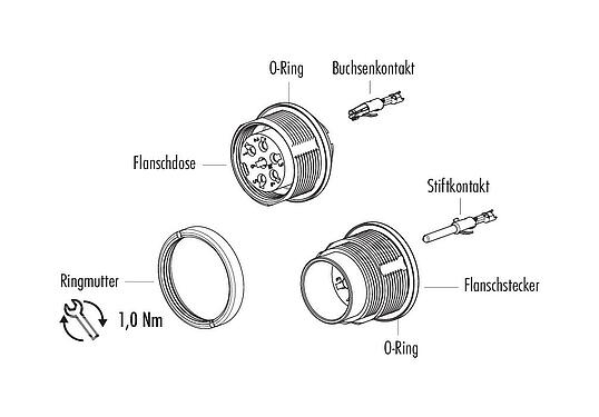 Einzelteildarstellung M16 Flanschdose, Polzahl: 6 (06-a), ungeschirmt, crimpen (Crimpkontakte müssen separat bestellt werden), IP67, UL 2238, M18x0,75, Rückwandmontage