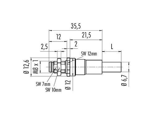 Scale drawing M8 Male panel mount connector, Contacts: 4, shielded, with cable assembled, IP67, M8x1.0, Ethernet, PUR, green, 4 x AWG 22, Rear mounting, 0.5 m