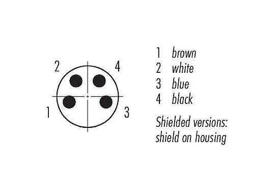 Disposición de los contactos (lado de la conexión) M8 Conector de cable macho, Número de contactos: 4, blindado, moldeado en el cable, IP67, UL 2238, PUR, negro, 4 x 0,34 mm², 2 m