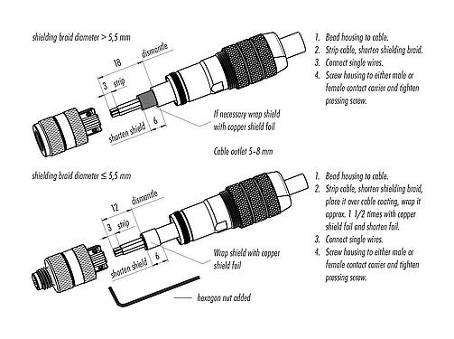 Assembly instructions M8 Male cable connector, Contacts: 4, 5.0-8.0 mm, shieldable, screw clamp, IP67, iris spring