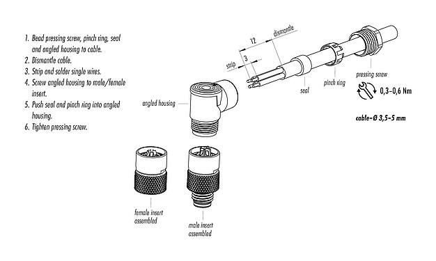 Instrucción de montaje M8 Conector hembra en ángulo, Número de contactos: 3, 3,5-5,0 mm, sin blindaje, soldadura, IP67, UL 2238