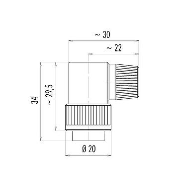Scale drawing Bayonet Male angled connector, Contacts: 3, 4.0-6.0 mm, unshielded, solder, IP40
