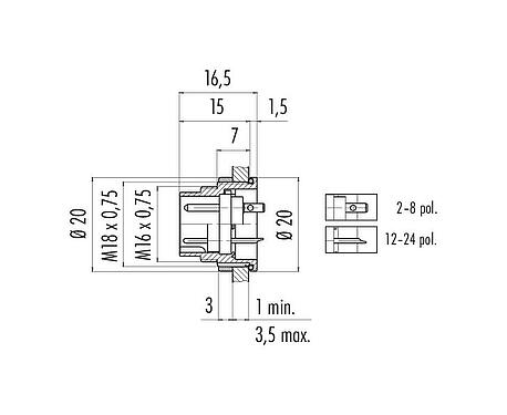 Dibujo a escala M16 Enchufe de brida, Número de contactos: 2 (02-a), sin blindaje, soldadura, IP67, UL 2238, M18x0,75, Montaje en pared