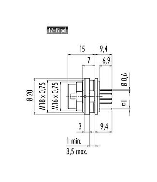 Scale drawing M16 Male panel mount connector, Contacts: 12 (12-a), shieldable, THT, IP67, UL 2238, M18x0,75, Rear mounting