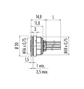 스케일 드로잉 09 0124 702 06 - M16 플랜지 리셉터클, 콘택트 렌즈: 6 (06-a), 차폐되지 않음, 단일 전선, IP67, UL