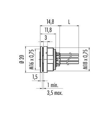 Dibujo a escala M16 Toma de brida, Número de contactos: 8 (08-a), sin blindaje, hilos, IP68, UL 2238, Cumple con AISG, M18x0,75, Montaje frontal