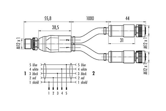 Scale drawing M12 Male cable splitter - 2 female cable connectors, Contacts: 5, shielded, moulded on the cable, IP67, CAN-Bus, PUR, violet, 1 x 2 x AWG 22 + 1 x 2 x AWG 24, 2 m