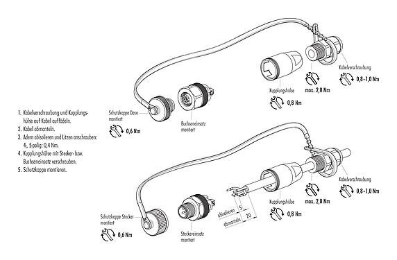 Montageanleitung M12 Kabelstecker, Polzahl: 5, 4,0-6,5 mm, ungeschirmt, schraubklemm, IP68/IP69K, für Outdoor Anwendungen, UV-Beständig