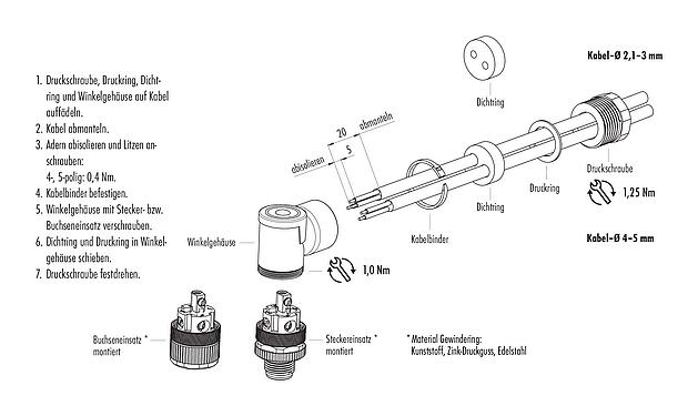 Montageanleitung M12 Winkelstecker, Polzahl: 4, 2.1-3.0 mm (2 Kabel) oder 4-5 mm (2 Kabel), ungeschirmt, schraubklemm, IP67, UL 2238