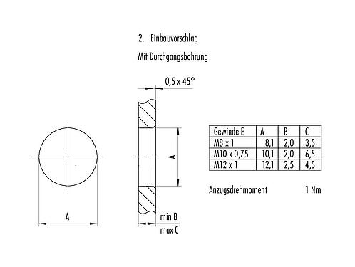 Assembly instructions / Panel cut-out M8 Male panel mount connector, Contacts: 4, unshielded, THT, IP67, UL 2238, M8x1.0, Rear mounting
