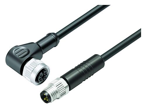 Illustration M12/M8 Male cable connector - female angled connector, Contacts: 4, unshielded, moulded on the cable, IP67/IP69K, UL 2238, PUR, black, 4 x 0.34 mm², 2 m