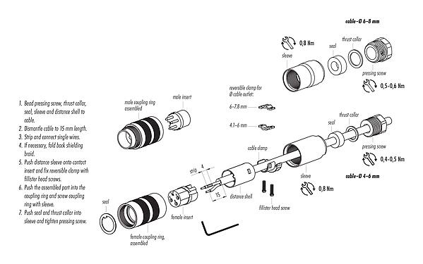 조립 지침 99 5610 210 04 - M16 케이블 소켓, 콘택트 렌즈: 4 (04-a), 6.0-8.0mm, 차폐 가능, 나사 클램프, IP67, UL