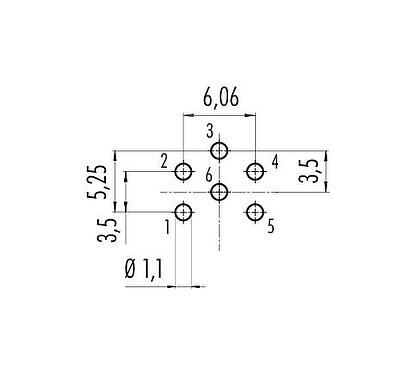 Conductor layout M16 Female panel mount connector, Contacts: 6 (06-a), unshielded, THT, IP40, M18x0,75, Rear mounting
