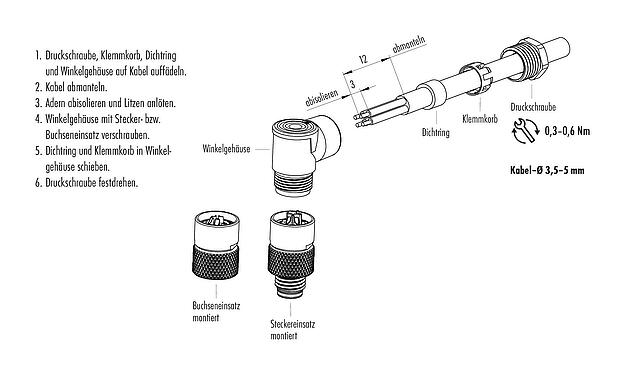 Montageanleitung M8 Winkeldose, Polzahl: 3, 3,5-5,0 mm, ungeschirmt, löten, IP67, UL 2238