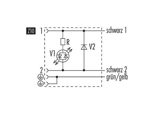 Pin assignment plans Female solenoid valve connector, Contacts: 2+2PE, unshielded, moulded on the cable, IP67, PUR, black, Circuit Z10, with LED PNP, 3 m