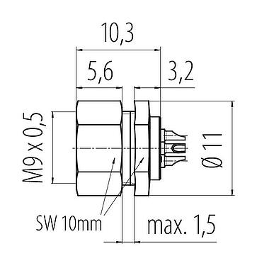 Dessin coté M9 Embase femelle, Contacts: 3, non blindé, souder, IP40, M9x0,5, Montage frontal