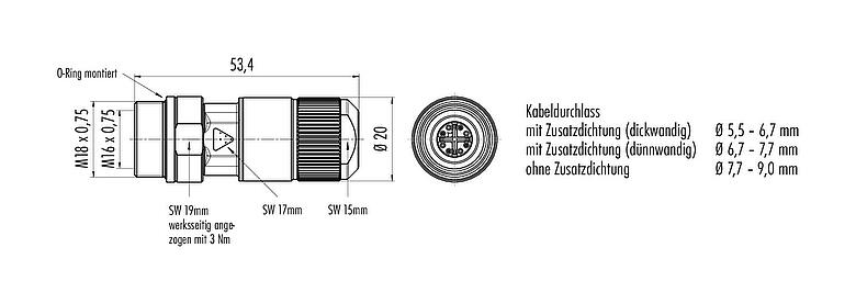 Maßzeichnung M16 Kabeldose, Polzahl: 8, 5,5-9,0 mm, schirmbar, IDC, IP67