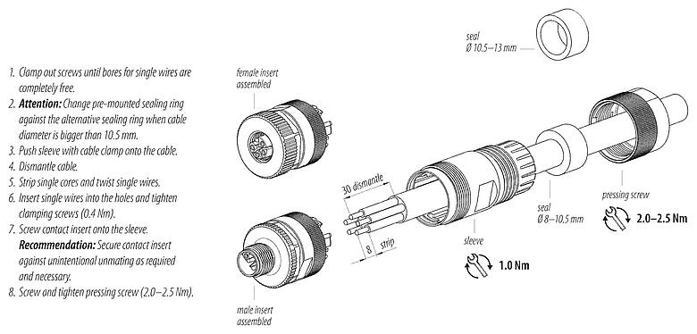 Instrucción de montaje M12 Conector de cable hembra, Número de contactos: 4+FE, 8,0-13,0 mm, sin blindaje, tornillo extraíble, IP67, UL 2238, M12x1,0