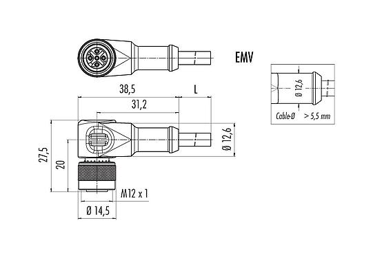 Scale drawing 77 3534 0000 20708-0500 - M12 Female angled connector, Contacts: 8, shielded, moulded on the cable, IP67, UL, PVC, grey, 8 x 0.25 mm², 5 m