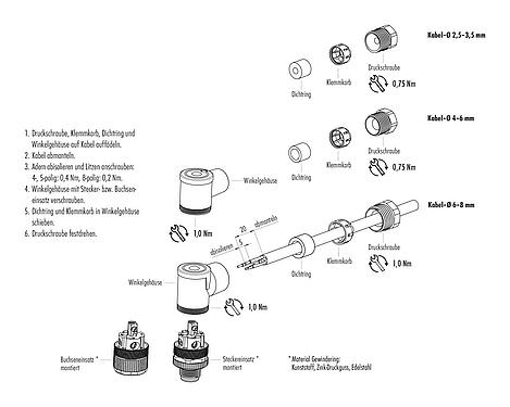 Montageanleitung M12 Winkelstecker, Polzahl: 5, 6,0-8,0 mm, ungeschirmt, schraubklemm, IP67, UL 2238