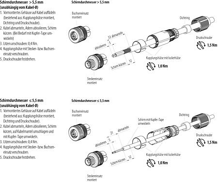 Montageanleitung M12 Kabelstecker, Polzahl: 4, 5,0-8,0 mm, schirmbar, schraubklemm, IP67, UL 2238, Irisfeder